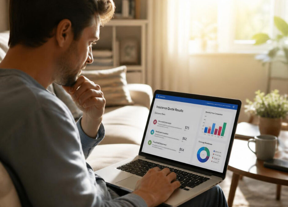 A man reviewing financial portfolio data, specifically a risk score and allocation breakdown, on a modern laptop screen