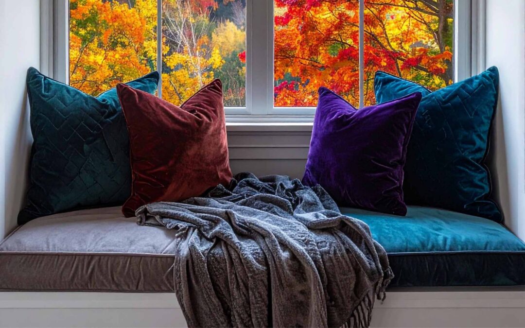 A cozy window seat adorned with vibrant pillows and a soft blanket, inviting relaxation and comfort